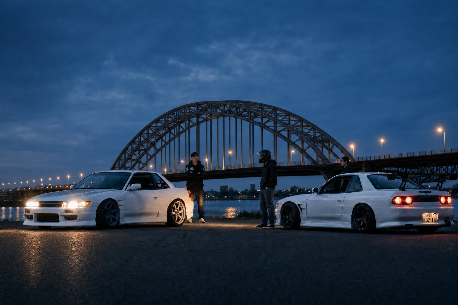 Twee witte JDM-auto's voor de Waalbrug in Nijmegen bij schemering